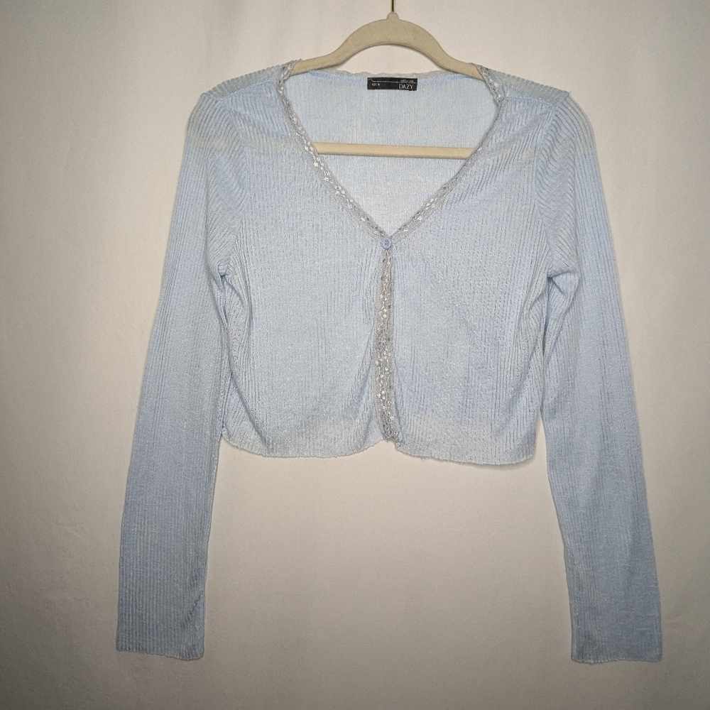 Dazy Women Y2K Lace Trim Ribbed Knit Button Front Crop Cardigan Top M